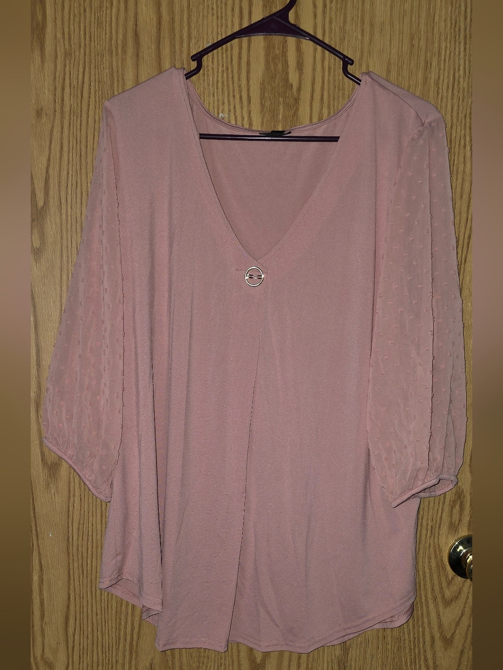 Foreyond Swiss Dot Sheer Sleeve Blouse XL Dusty Rose V-Neck Gold Ring Accent